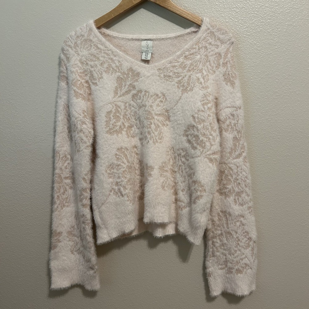 Joie Fuzzy Sweater Size Small V-Neck Long Sleeve Champagne Floral EUC